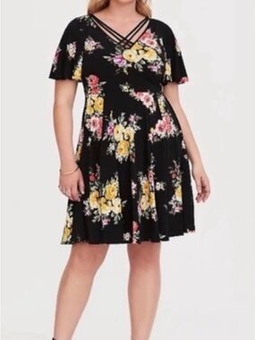 torrid Black Floral Midi Dress with Strappy V-Neck